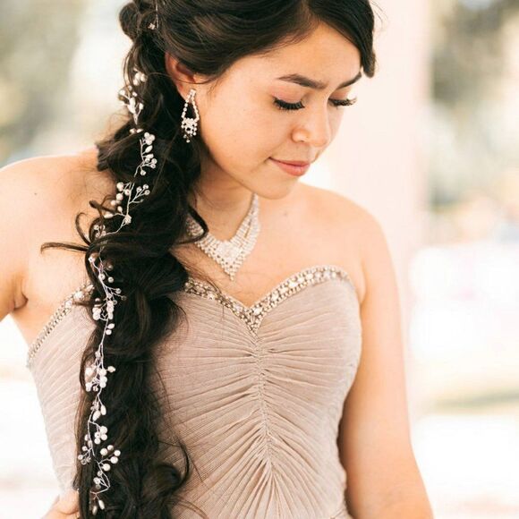 Bridal Hair Bands Crystals Wedding Headpieces, 20 Inches Pearl and Crystal Vine - Picture 2 of 9